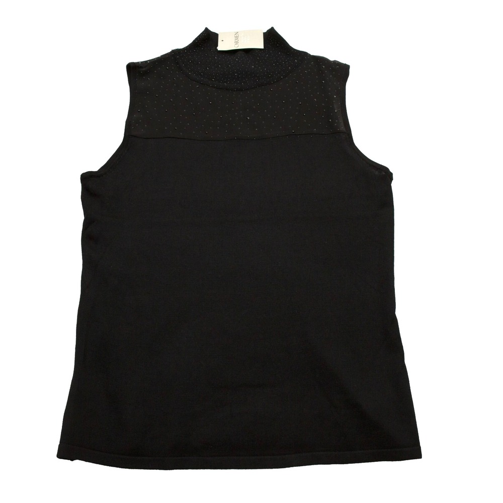 Carmen Marc Valvo Womens Med Sleeveless Mock Neck Black Top Rhinestones Detail